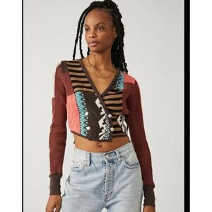 Free People Patchwork‎ Boho Cropped Cardigan Sweater Pieces of Me Size S